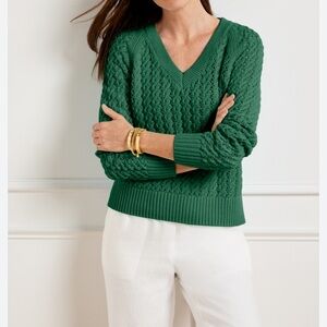 Talbots Open Stitch V-Neck Sweater Large Green 100% Cotton Classic Preppy